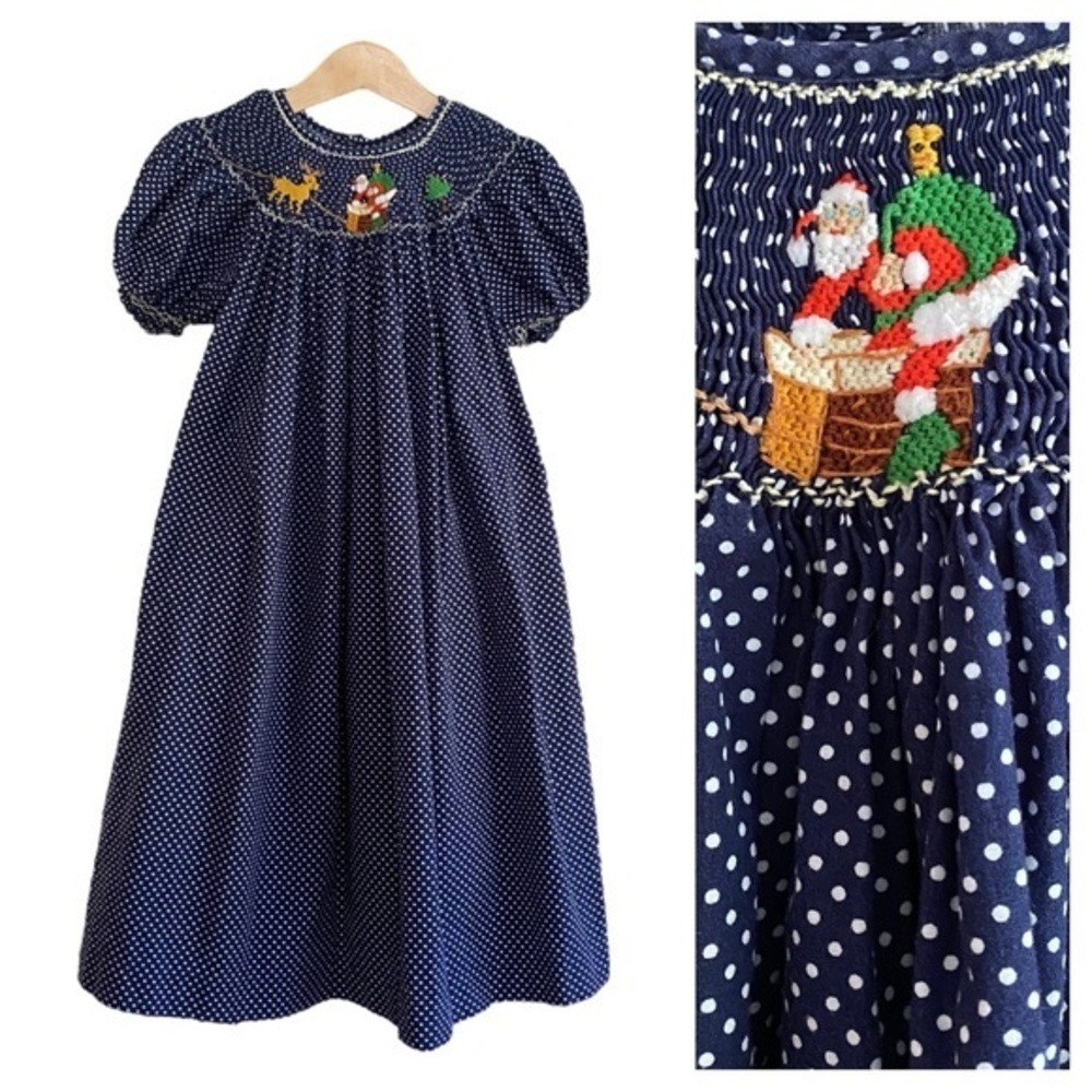 Mom & Me Navy Blue Polka Dot Christmas Santa Smocked Bishop Dress